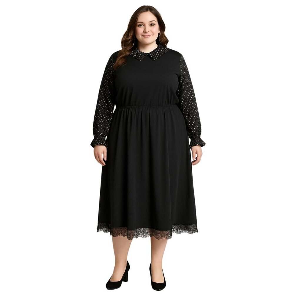 BloomChic Midi Dress Polka Dot Sleeves Size 22 24 Black Elastic Waist Pockets